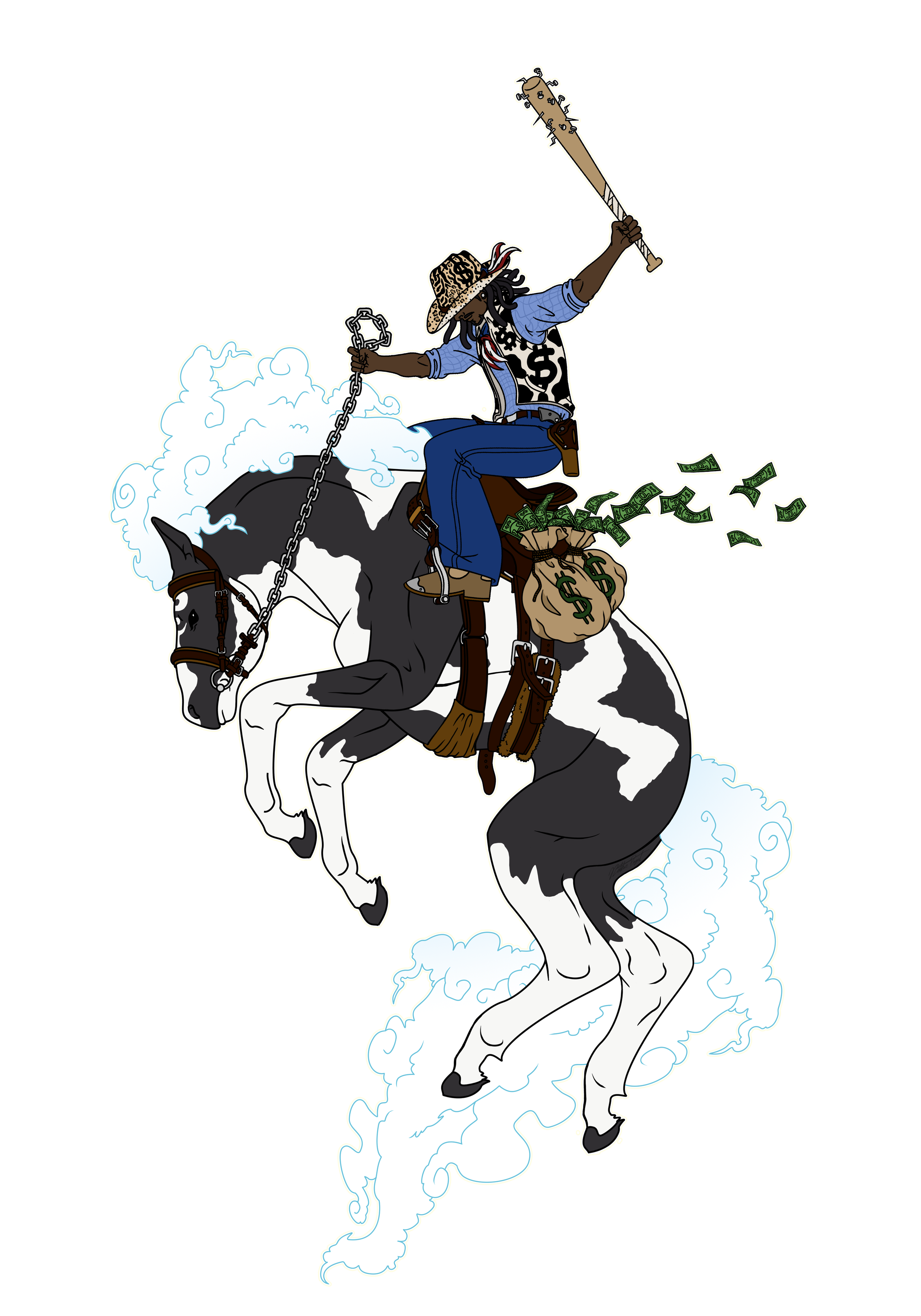 A cartoon of a cowboy riding a black and white pinto horse. The cowboy is wearing a patterned cowboy hat, a vest with dollar signs, and holding a rifle in one hand, and a chain in the other. The horse is kicking up dust and has a saddle with saddlebags filled with money.