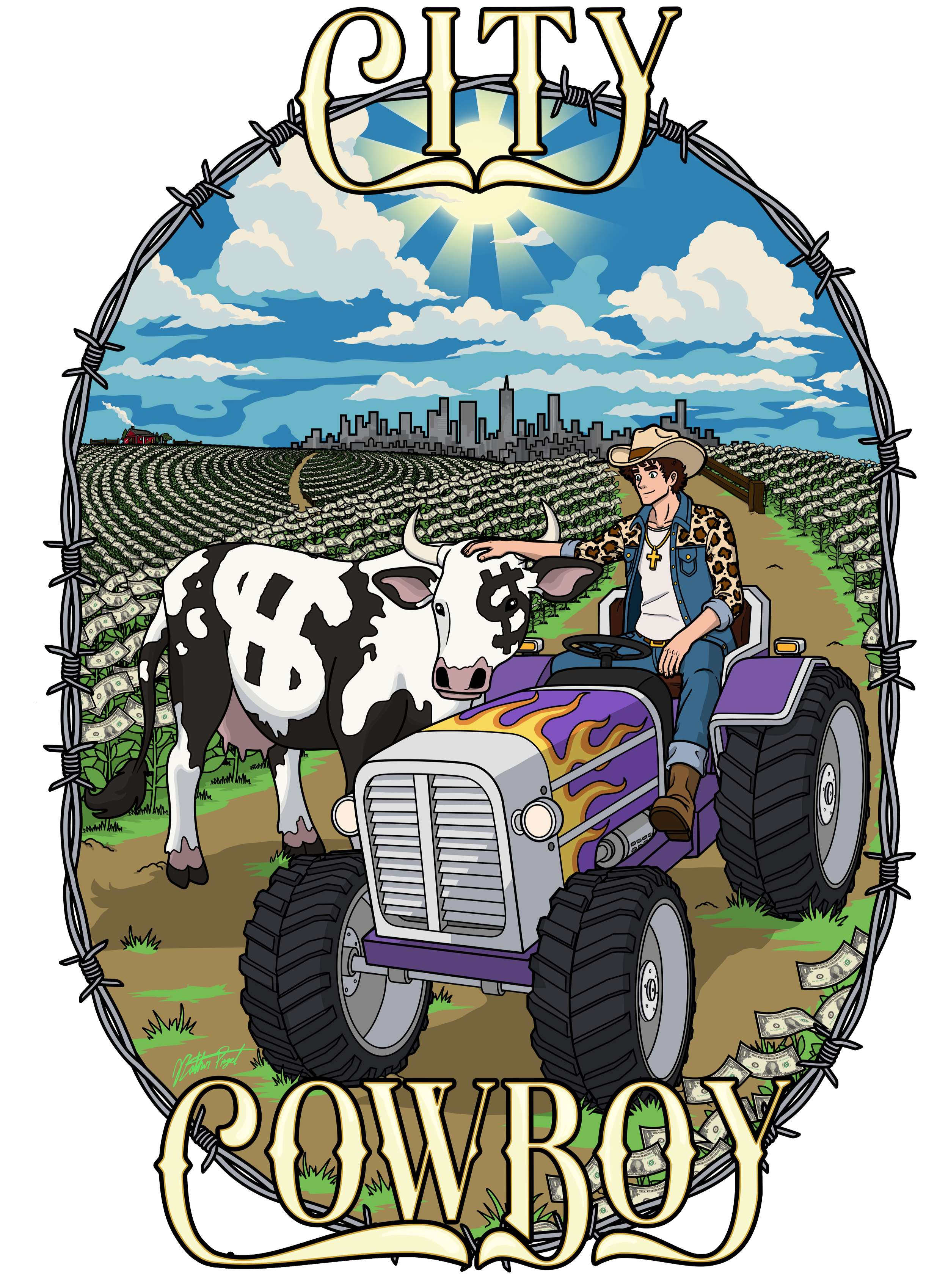 This design depicts the CityCowWorld CA$H COW mascot, This image is our “CITY COWBOY, THE FARMER” design, reated by our co-founder and creative director Nathan Pingel and is 100% ai-free