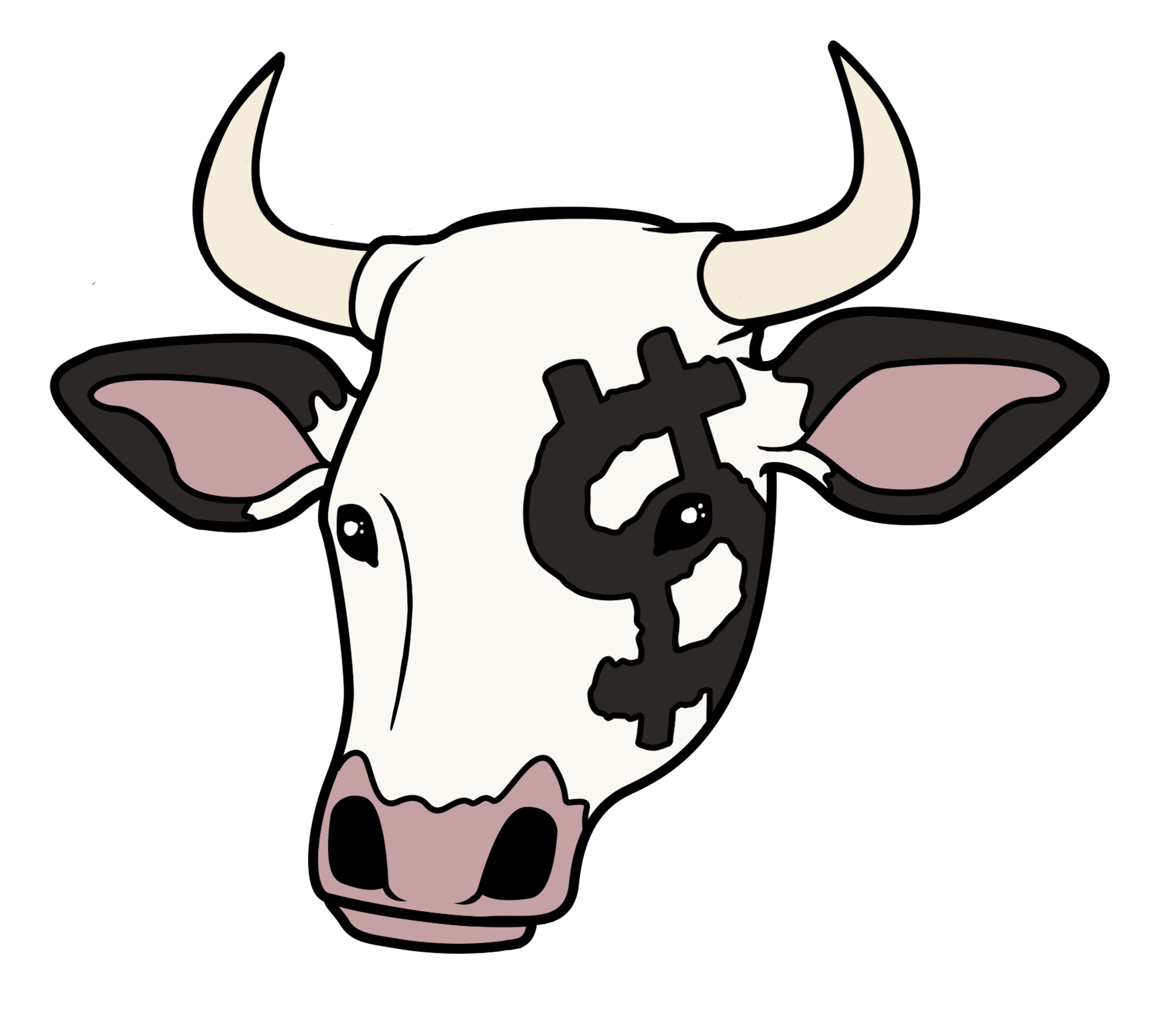 This image depicts the CityCowWorld CA$H COW mascot. The cow is black and white, and its spots are warped into the shape of dollar signs, with a large black dollar sign spot on the cow's face.
