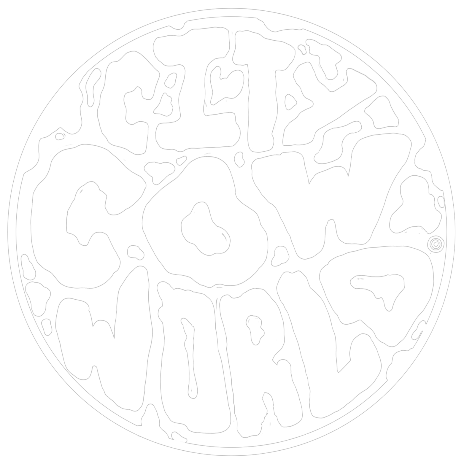 The CityCowWorld Logo. A circle with the words “City”, “Cow,” and “World” written in a stylized manner, and within the circle & between the lettering are small extra spots to help it resemble the spots on a cow.