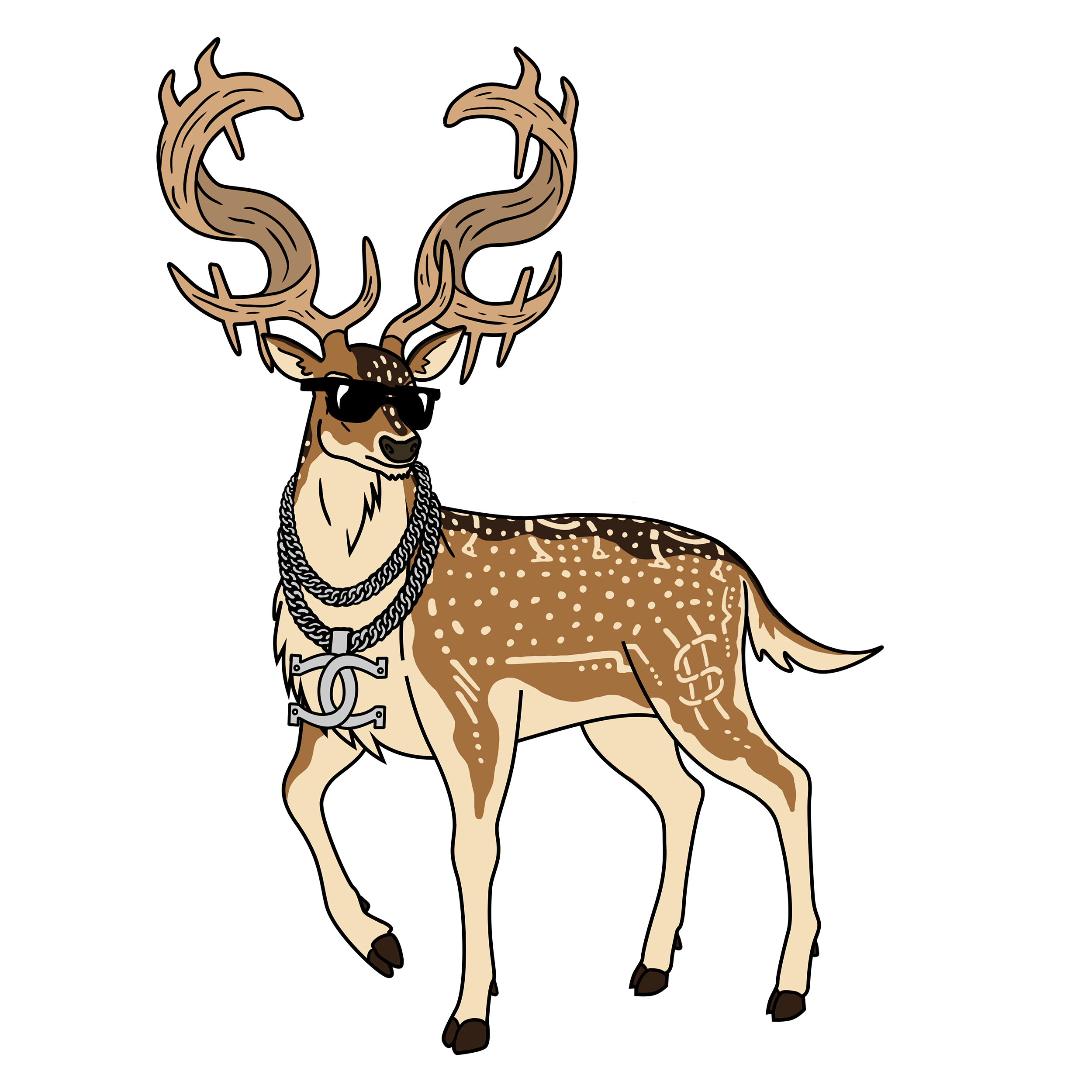 A cartoon deer wearing sunglasses and a chain, standing against a black background.