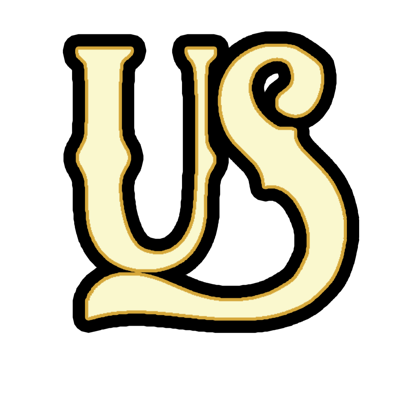 Large lettering that spells "US" in a light pastel yellow coloration with a thick black outline. The font used is the custom CityCowWorld Font created by CityCowWorld LLC.