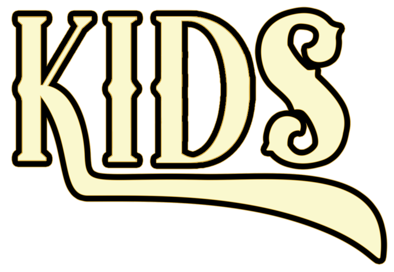 Stylized text logo that reads 'KIDS' with a cream and black color scheme and decorative font.