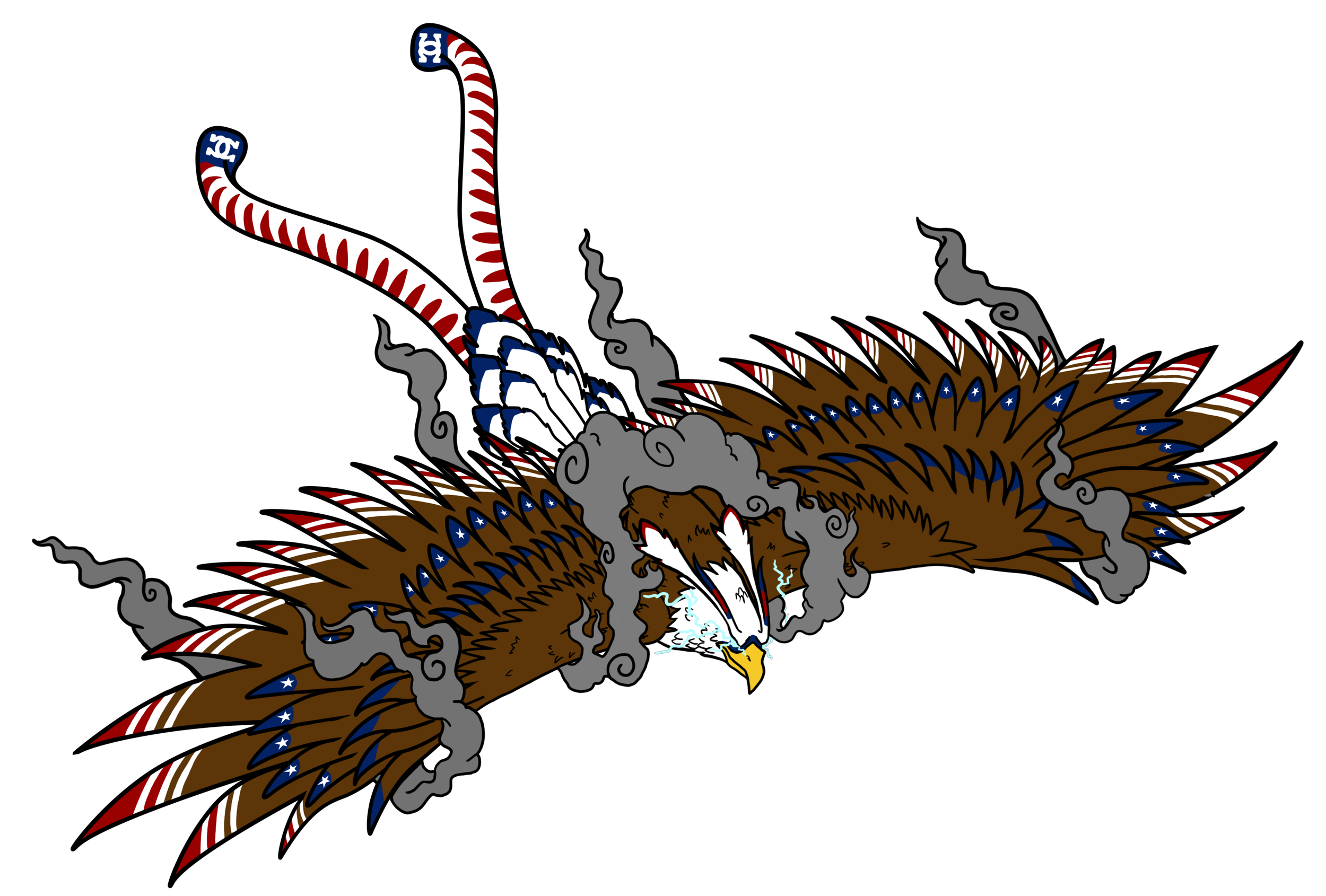 Colorful illustration of a giant bird that resembles a bald eagle with its wings spread to show an American flag-themed pattern on the feathers, with billowing storm clouds around it, set against a transparent background.