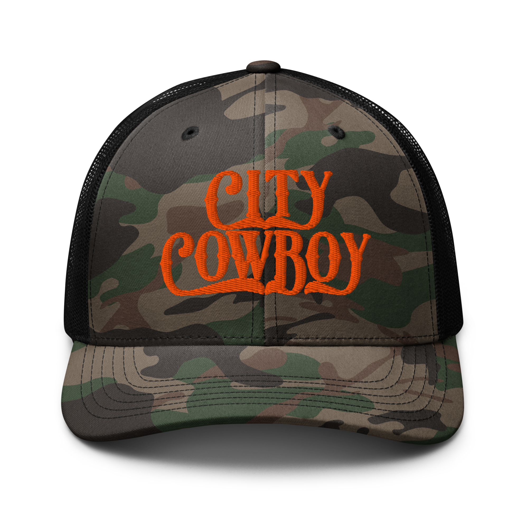 City Cowboy Camo Trucker Cap - ORANGE LETTERS