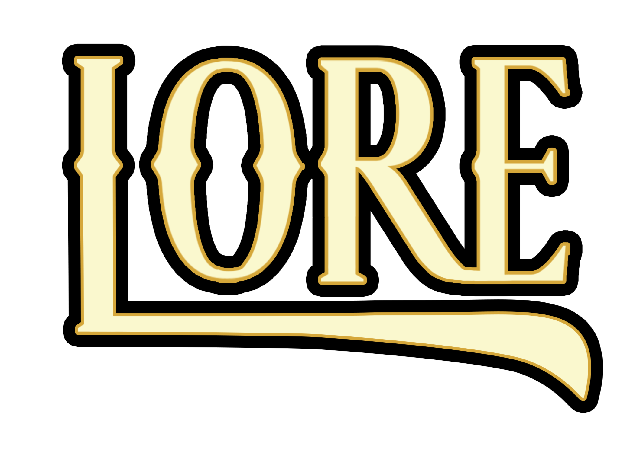 Large lettering that spells "LORE" in a light pastel yellow coloration with a thick black outline