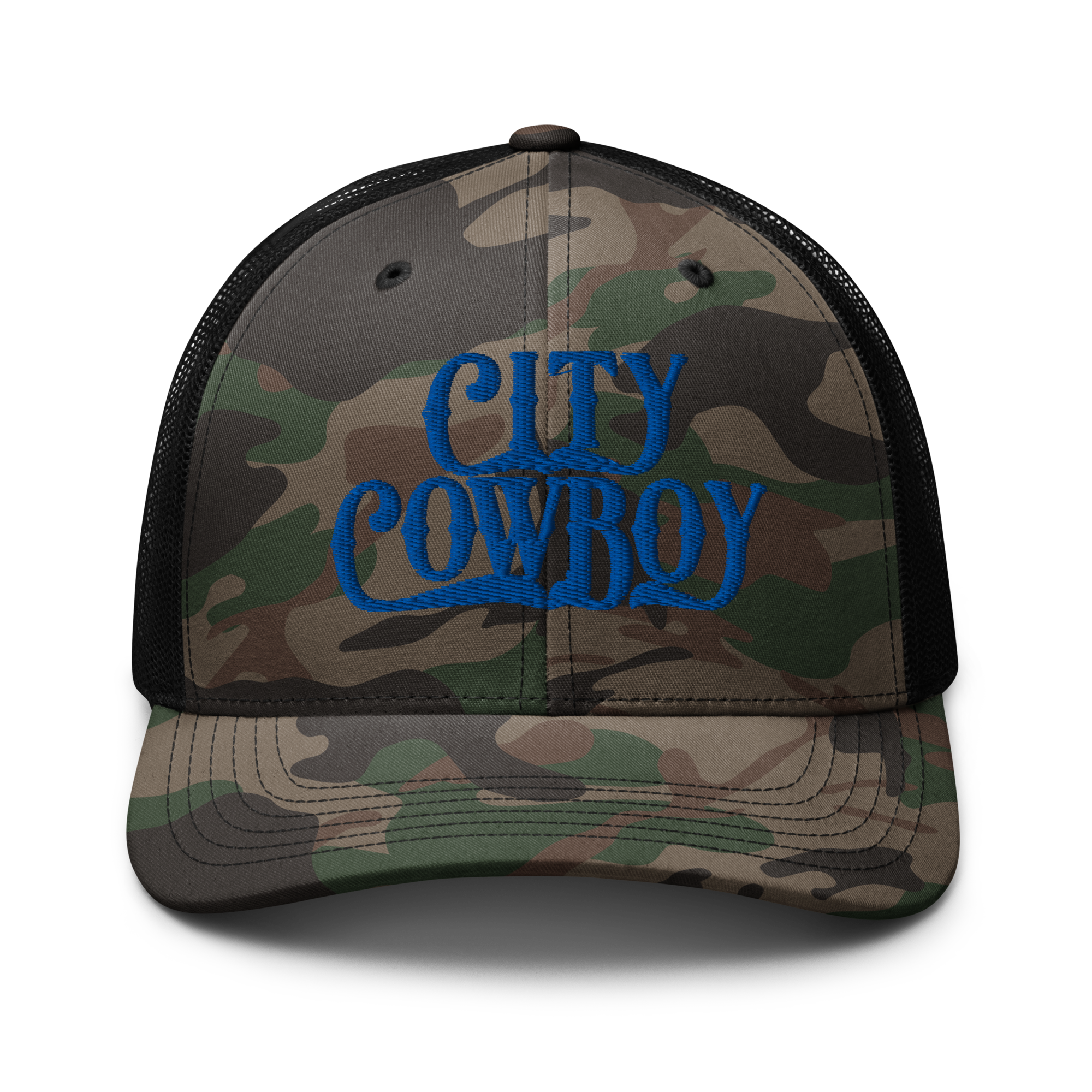 City Cowboy Camo Trucker Cap - BLUE LETTERS