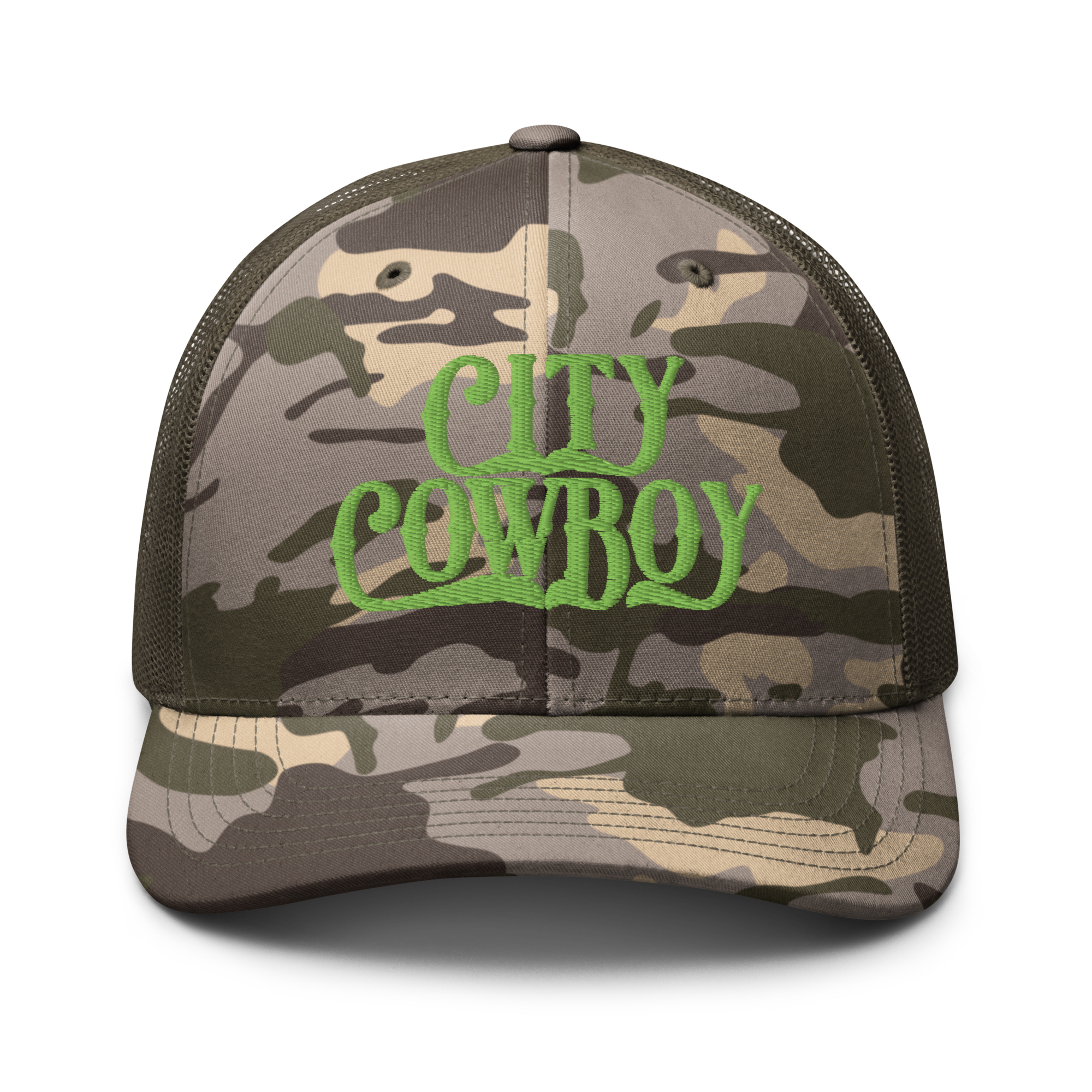 City Cowboy Camo Trucker Cap - GREEN LETTERS