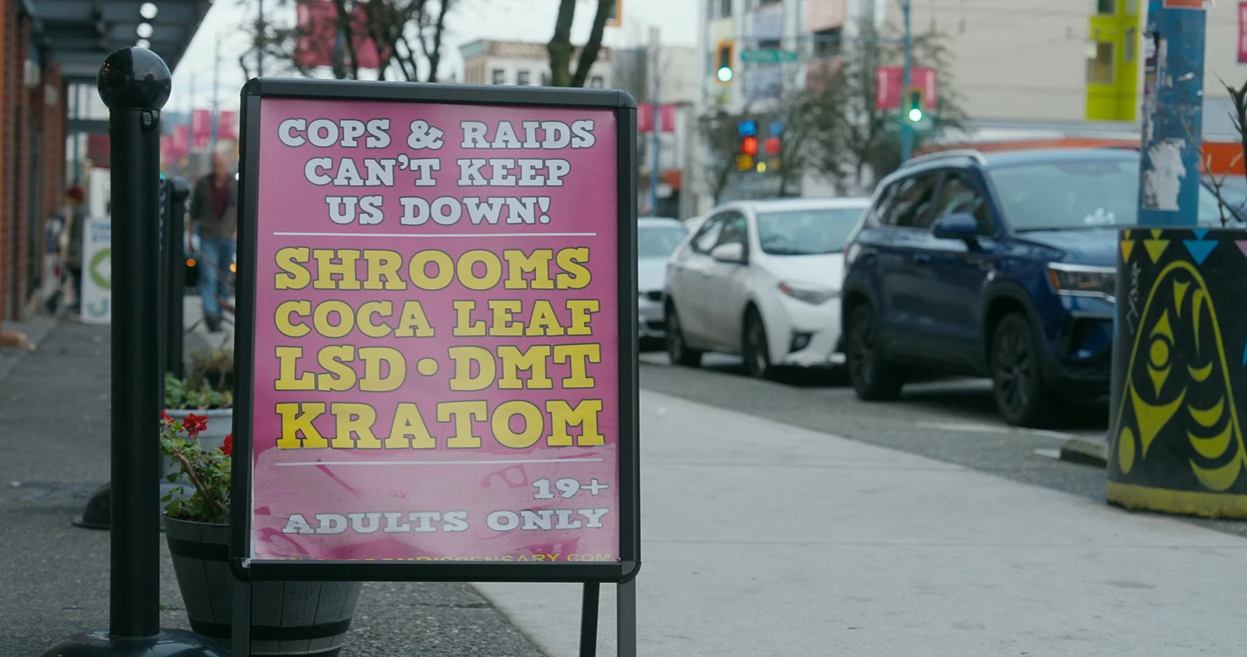 Outside of Coca Leaf Cafe, there's a sidewalk signboard with a pink background advertising substances like shrooms, coca leaf, LSD, DMT, and Kratom, for adults only, in a city street with parked cars and buildings in the background.