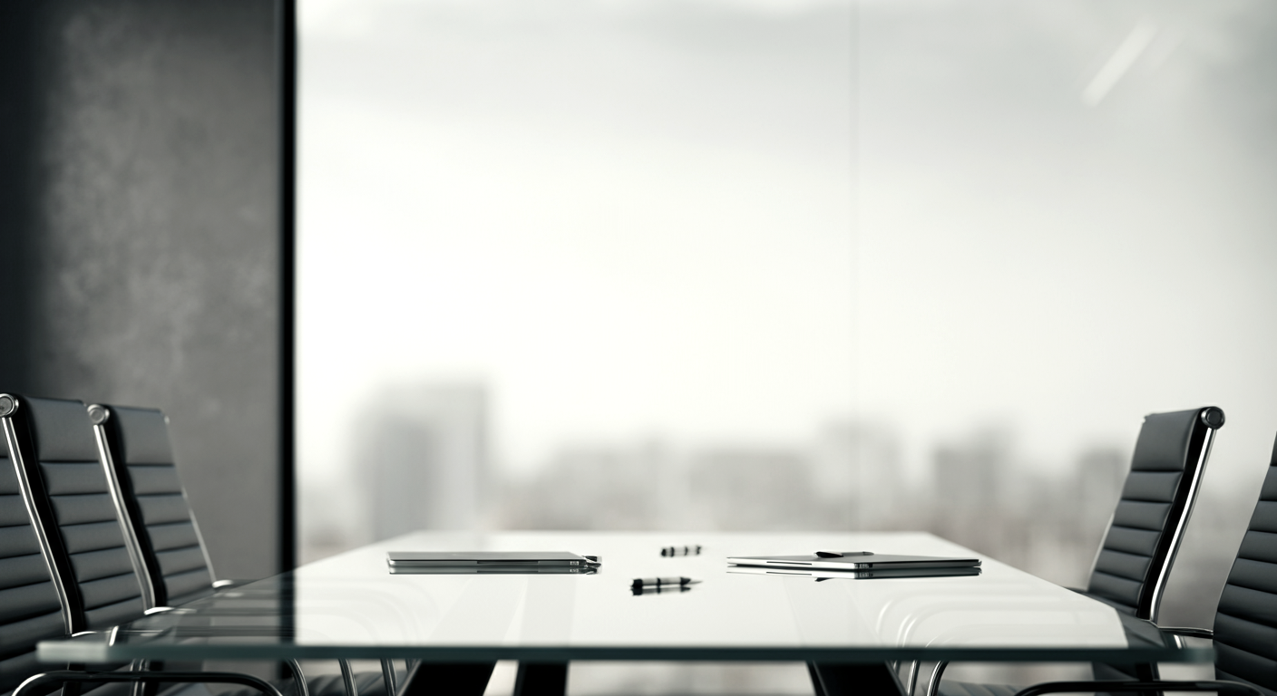 Empty modern conference room with a white table, black chairs, notebooks, pens, and a city skyline view through a large window.