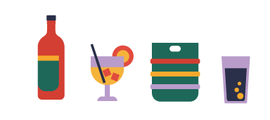 Assortiment de boissons avec une bouteille consignées, gamme de vin caviste, assortiment de bières locales et craft, sélection de spiritueux haut-de-gamme.