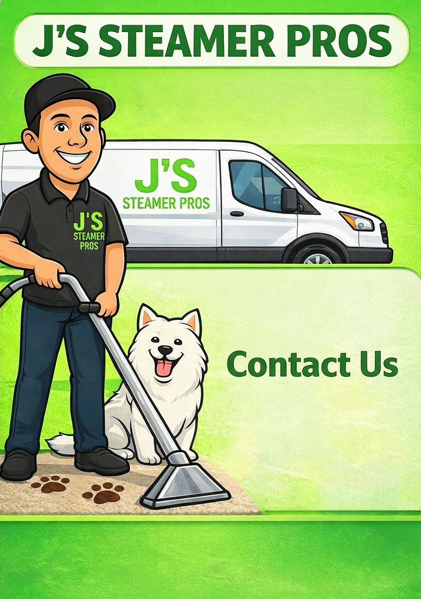 Illustration of a man in a cap cleaning a doormat with a white fluffy dog sitting happily nearby. A white van with green lettering reading "J'S STEAMER PROS" is in the background. Text says "Contact Us."