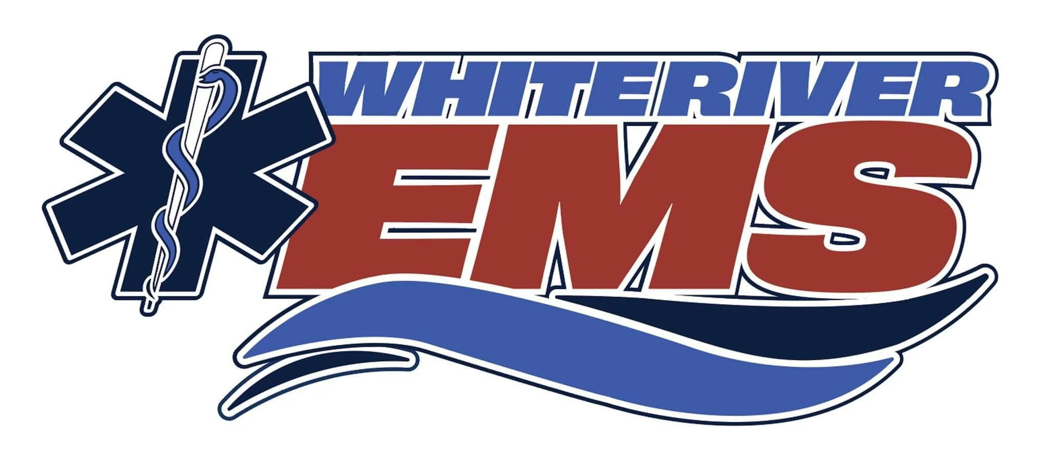 Logo for White River EMS featuring a blue medical symbol, the words 'White River' above 'EMS', and a wave design underneath.