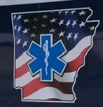 State-shaped emblem with American flag design, Stars and Stripes, and medical symbol