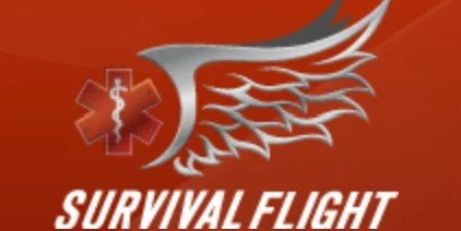 Logo with a caduceus symbol and a wing, and the text 'SURVIVAL FLIGHT' on a red background.
