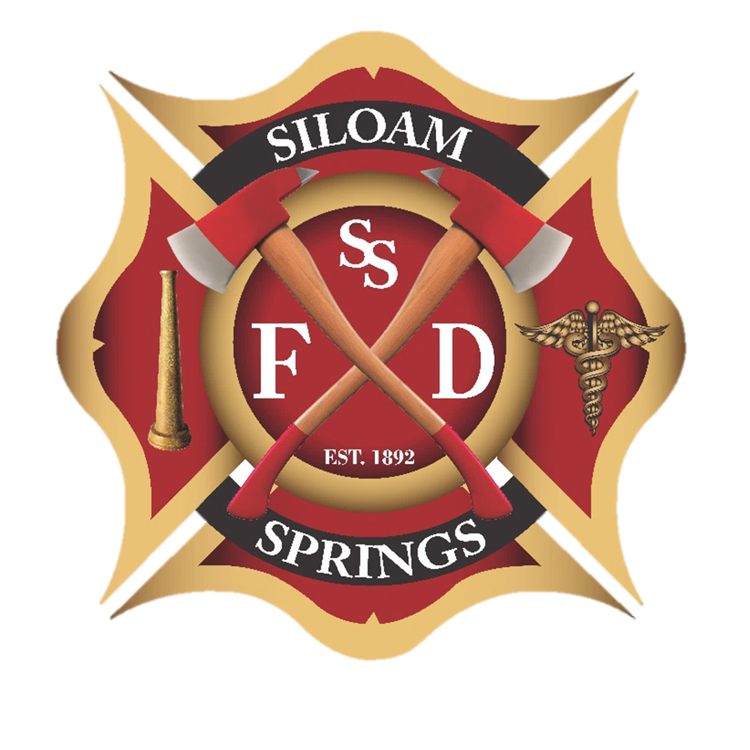 Firefighter emblem from Siloam Springs Fire Department featuring axes, a fire hydrant, medical caduceus, and a banner with department name and establishment year.