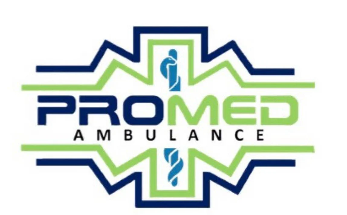 Logo of ProMed Ambulance with a green and blue medical cross, featuring a medical caduceus symbol, and the words "ProMed Ambulance".