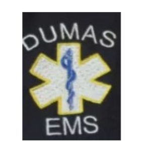 Logo for Dumas EMS featuring a yellow star of life with a blue medical staff and a snake, with the words Dumas EMS above and below.