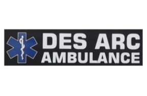 Logo of DES ARC Ambulance with a blue medical symbol and black background
