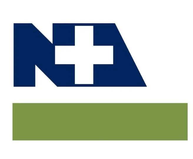 A logo with a stylized 'N' and 'A' in navy blue, connected by a white medical cross, and a green rectangular strip below.