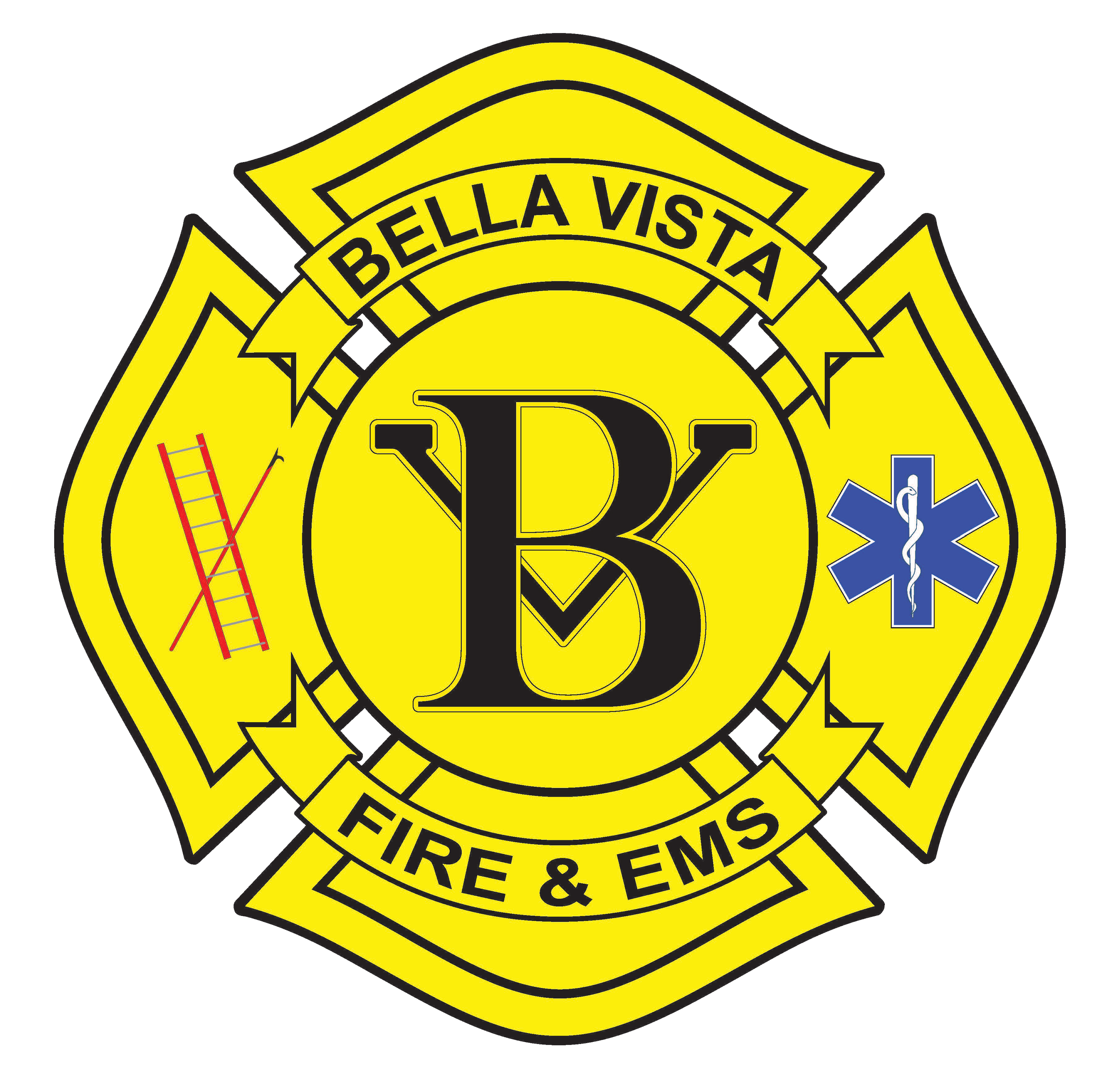 Zoomed-in view of a yellow sticker representing a fire and emergency services emblem with black text, symbols, and a red ladder and blue medical symbols.