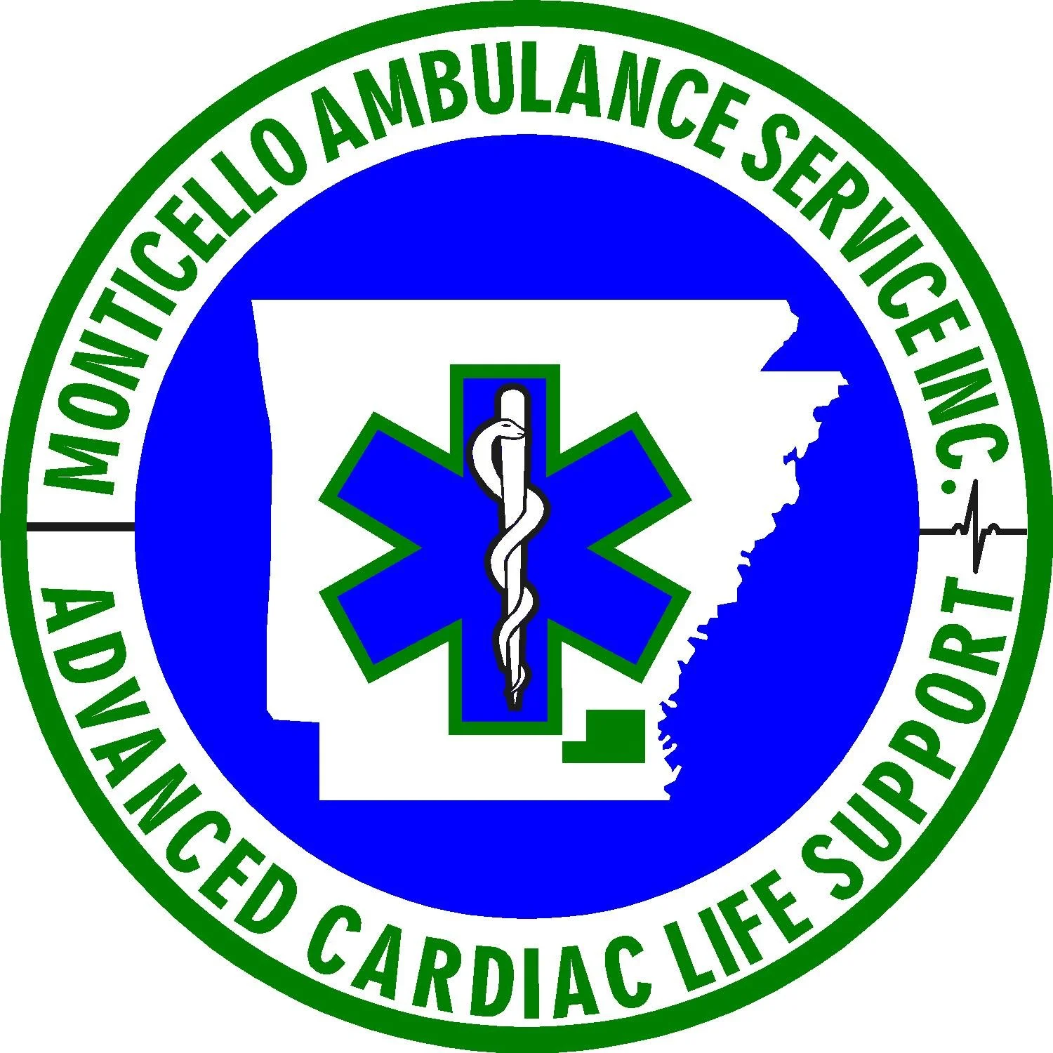 Official emblem of the Mobile County Ambulance Service in Alabama, featuring a blue circle with a green star of life symbol and a caduceus inside a white outline of the state of Alabama, surrounded by green text.