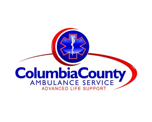 Columbia County Ambulance Service logo with a blue Star of Life symbol and red swoosh, and text indicating 'Columbia County Ambulance Service' and 'Advanced Life Support'.