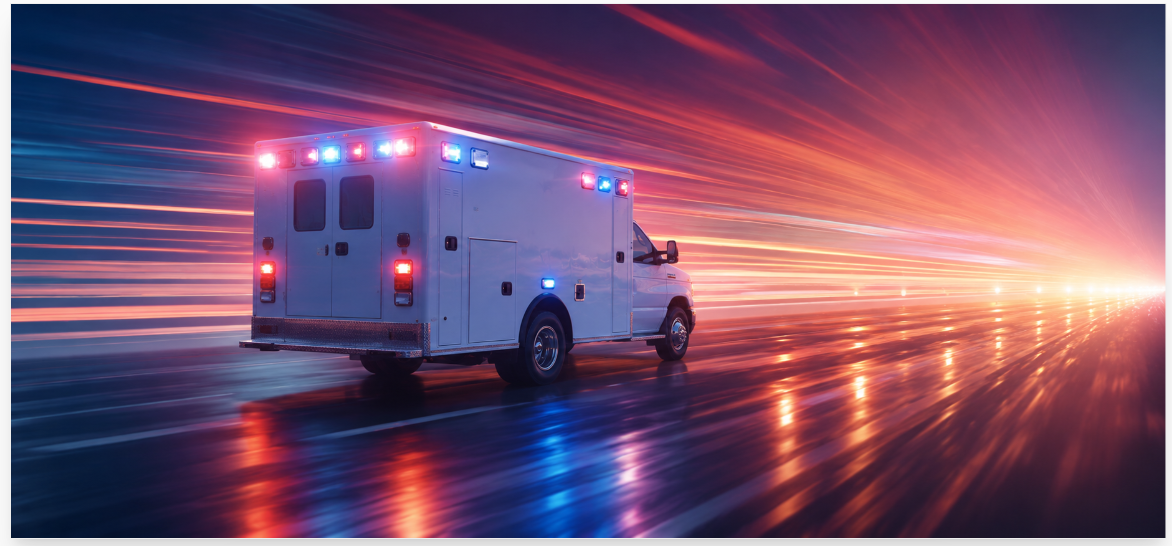 An ambulance with flashing red and blue lights is driving on a wet road at night, with blurred colorful streaks of light in the background.