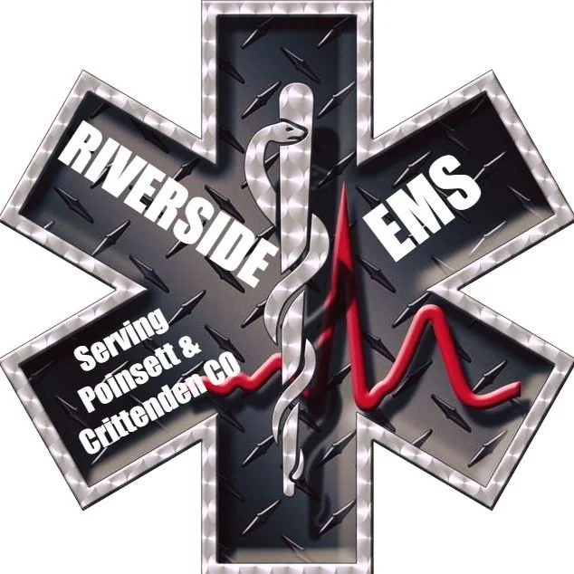 Logo for Riverside EMS featuring a black star of life with a caduceus symbol, the words Riverside EMS, and text indicating service to Poinsett and Crittenden counties.