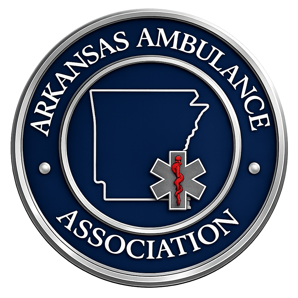 Emblem of the Arkansas Ambulance Association featuring a map outline of Arkansas, a lightning bolt, and the Star of Life symbol with a caduceus