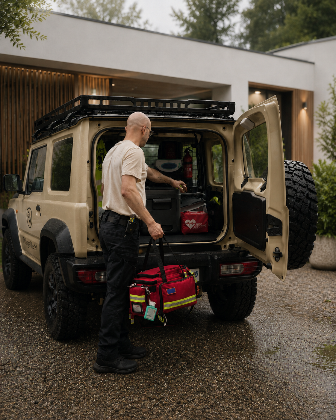 PflegeWacht-Einsatzbasis mit Suzuki Jimny, pflegerischer Einsatztasche und mobiler Ausrüstung.