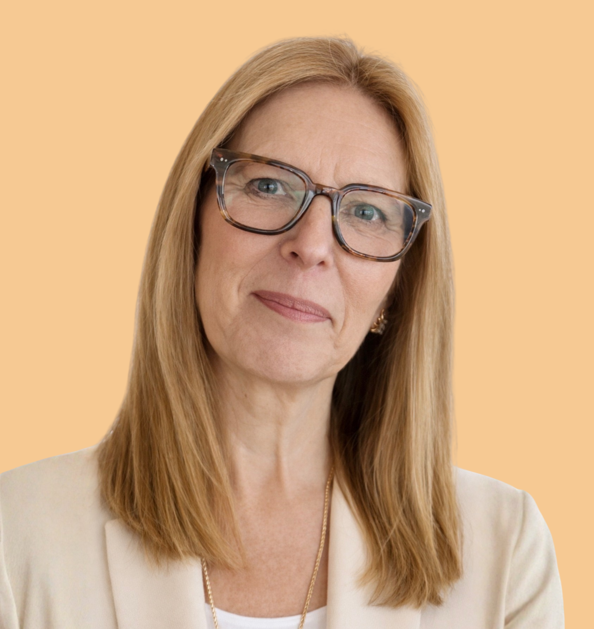 Close-up of a middle-aged woman with blonde hair, wearing glasses with a tortoiseshell frame, a white top, a beige blazer, and a gold necklace, against a pastel peach and beige background.