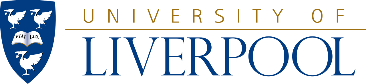 University of Liverpool logo with a blue shield featuring three white birds and a banner  with 'University of Liverpool' in gold and blue.