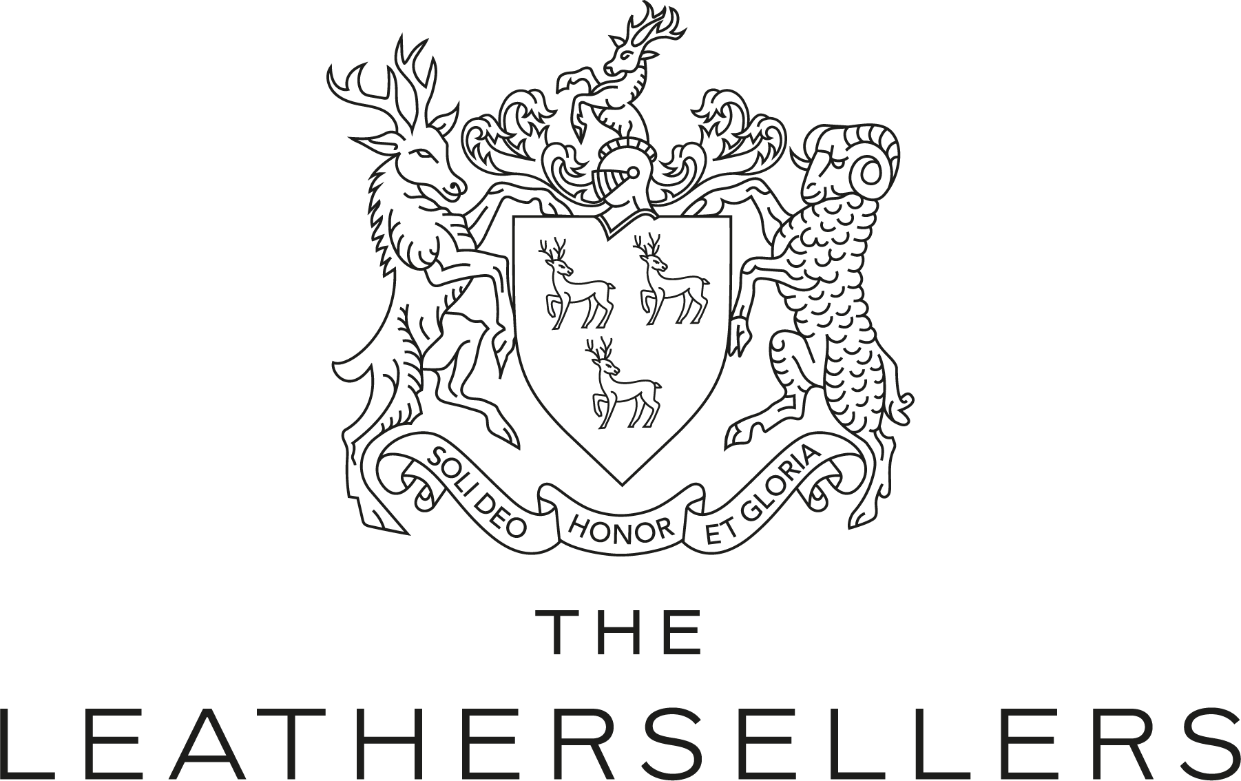 Black logo featuring a family crest with a shield in the center displaying three deer, beneath the crest, the words 'THE LEATHERSELLERS' are written.