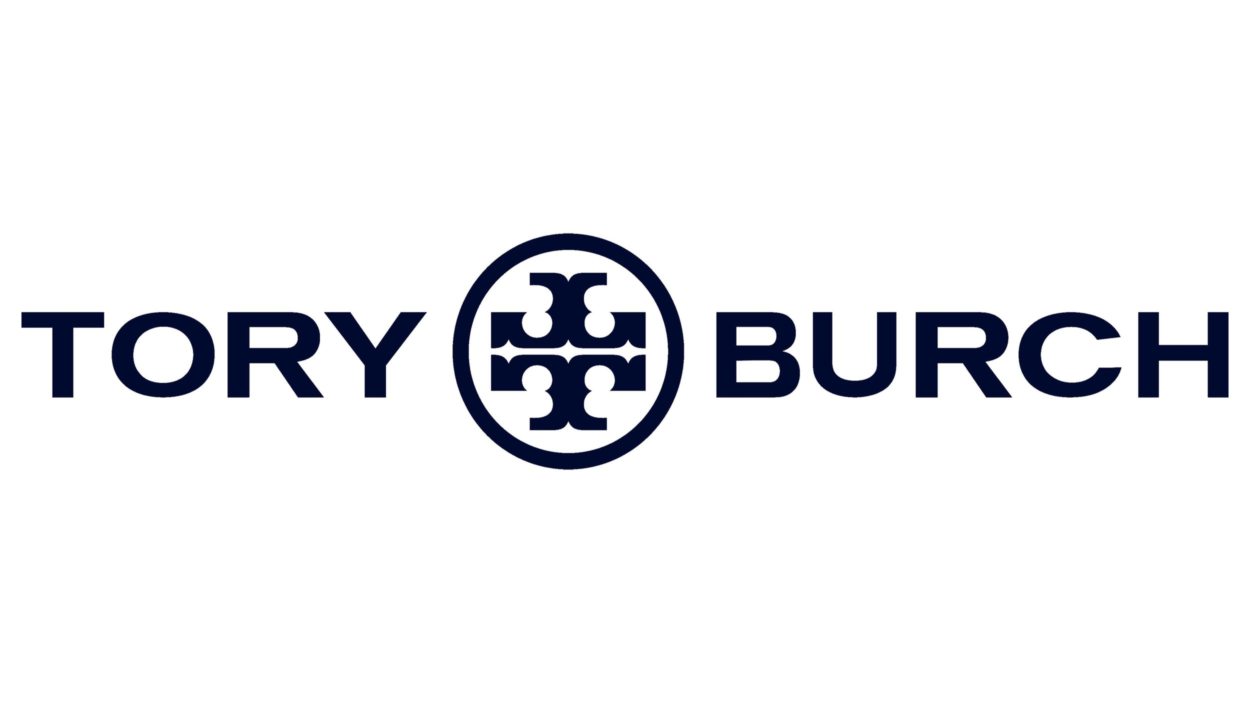 Logo of Tory Burch with a circular emblem featuring a stylized letter T, and the brand name in uppercase letters.