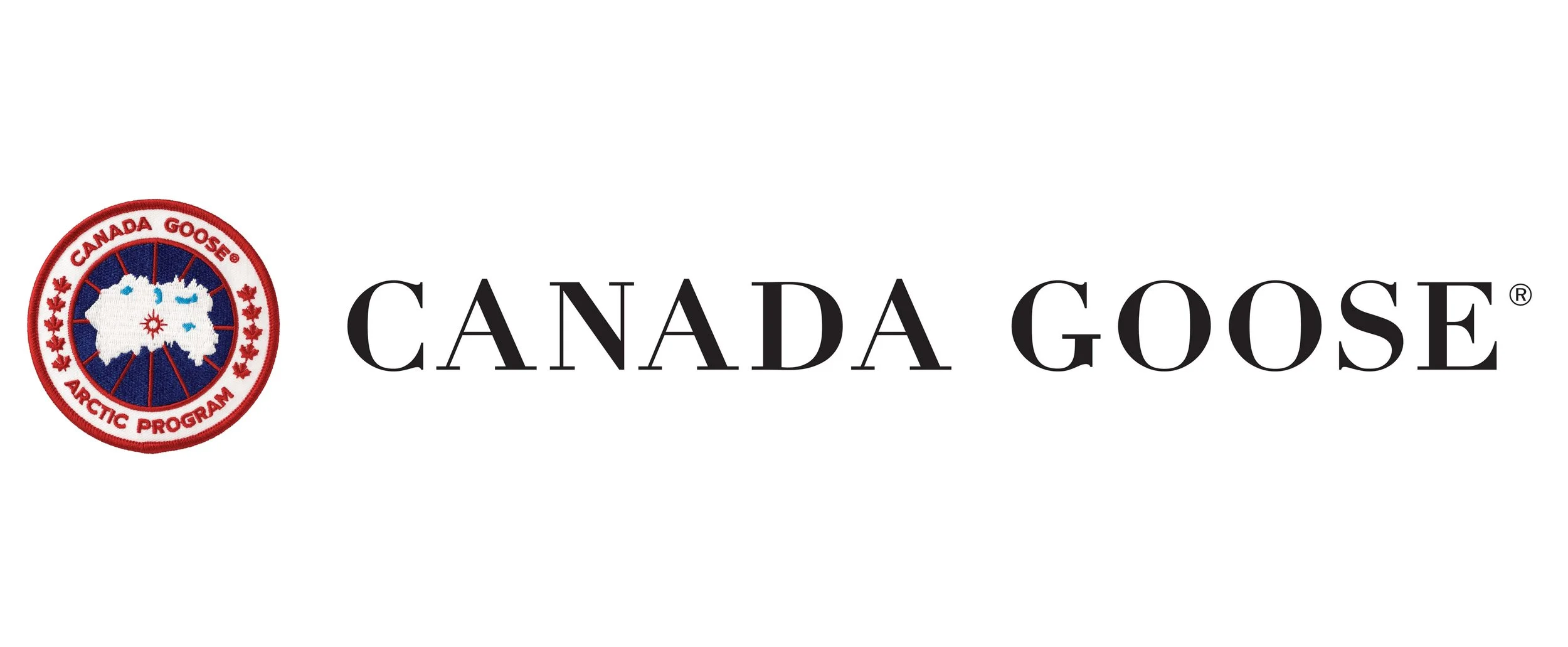 Canada Goose logo with a circular emblem featuring a white goose silhouette and red maple leaves, with the brand name in black text.