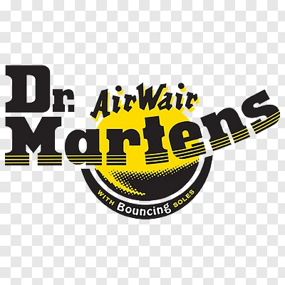 Logo for Dr. Martens AirWair with Bouncing Soles featuring black and yellow text.