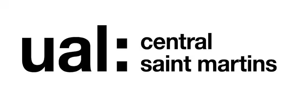 Logo with black text reading "central saint martins" and a bold black "ual" on a white background.