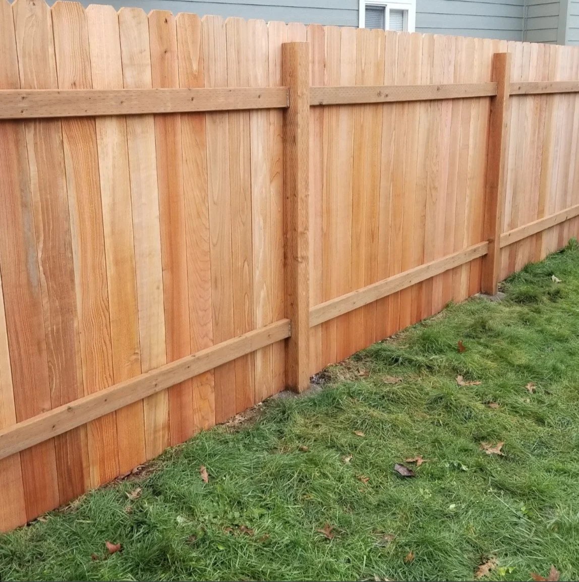 A newly built wooden privacy fence with vertical planks and horizontal support beams runs along a grassy yard.