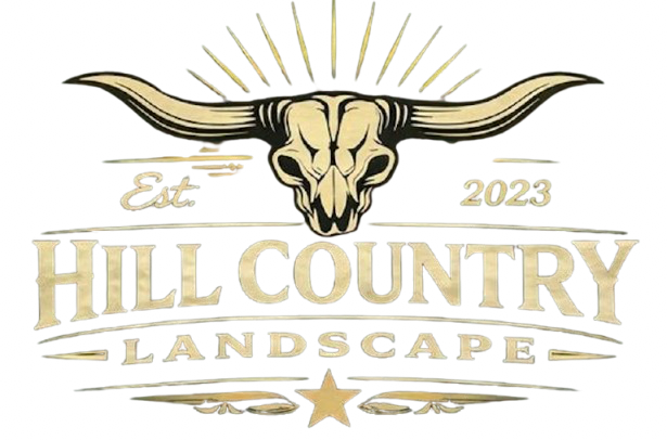 A logo featuring a bull skull with horns, rays emanating above, and text reading "Est 2023 Hill Country Landscape" with a star below.