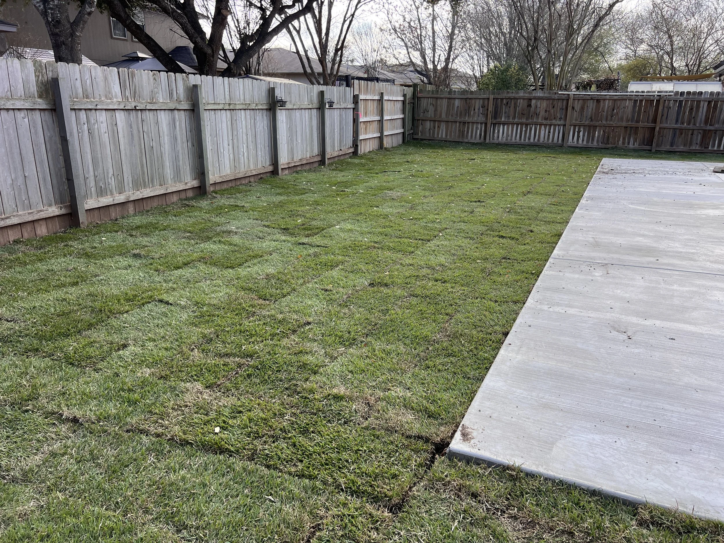 A backyard with a grass lawn and a concrete patio, enclosed by a wooden fence, with trees visible beyond the fence.