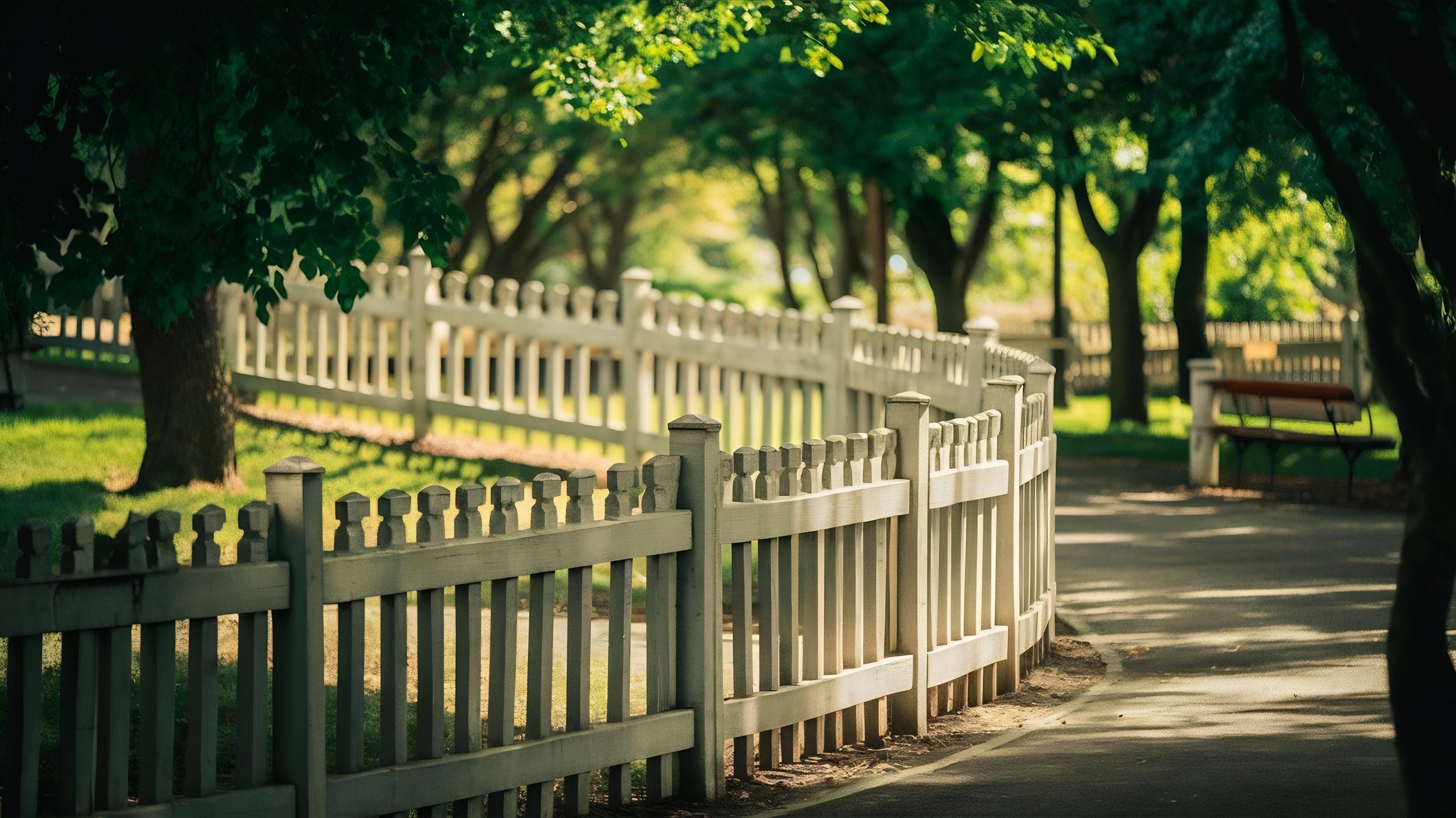 A serene park scene with a white picket fence curving along a pathway surrounded by lush green trees and grass, with sunlight filtering through the leaves.