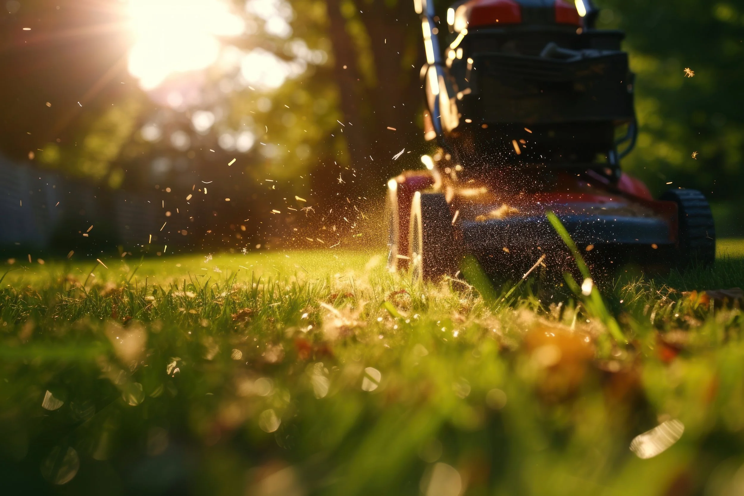 A lawnmower cutting grass with sunlight shining through trees in the background, causing grass and debris to fly up.