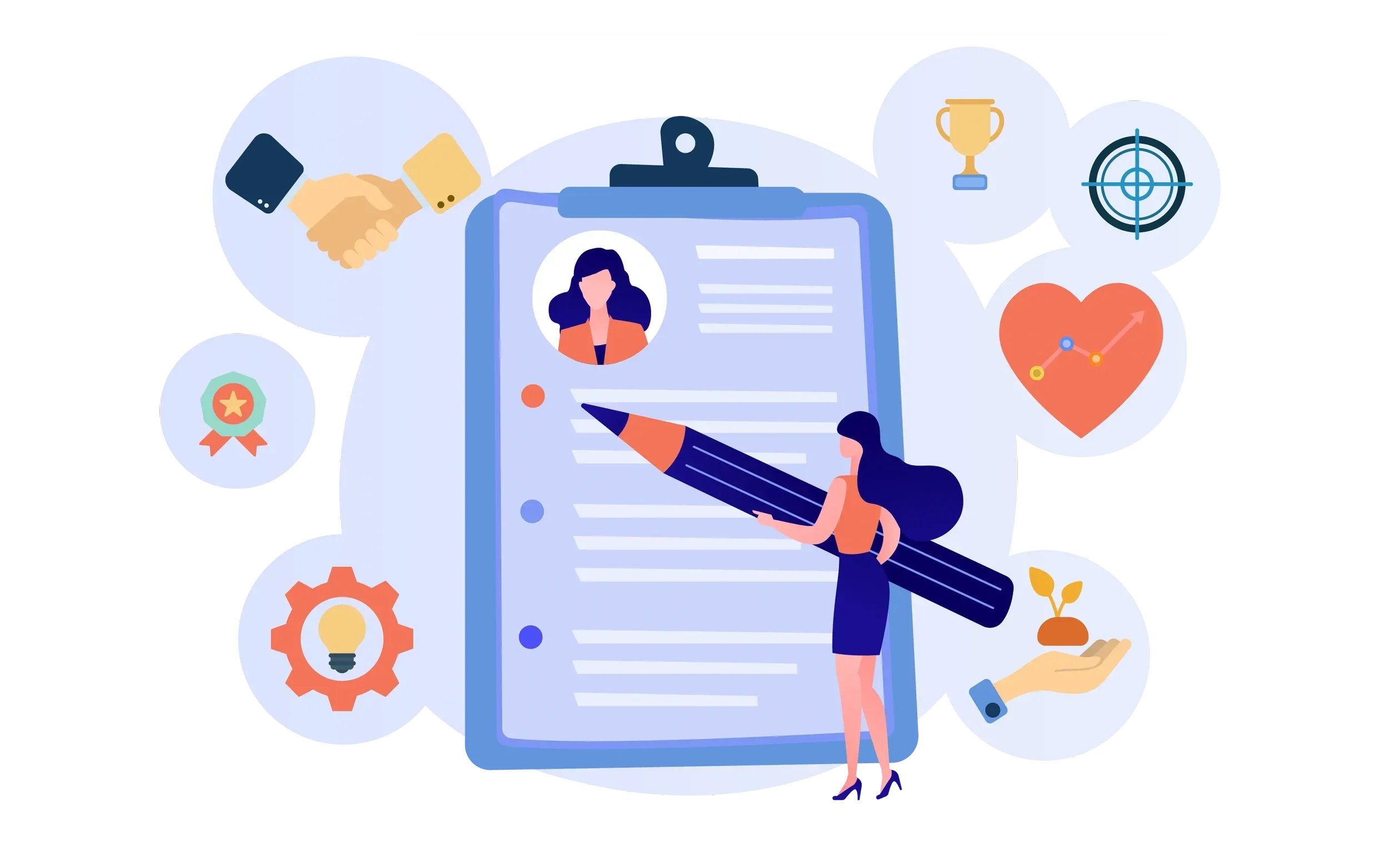 Illustration of a woman editing a resume on a large clipboard with icons surrounding it, including a handshake, medal, light bulb, trophy, target, heart with growth chart, plant in a hand, and gear.