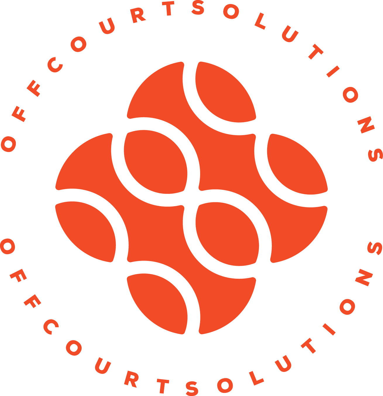 Het logo van de Tour championship, met oranje cirkel en de tekst 'Office of Court Solutions' eromheen
