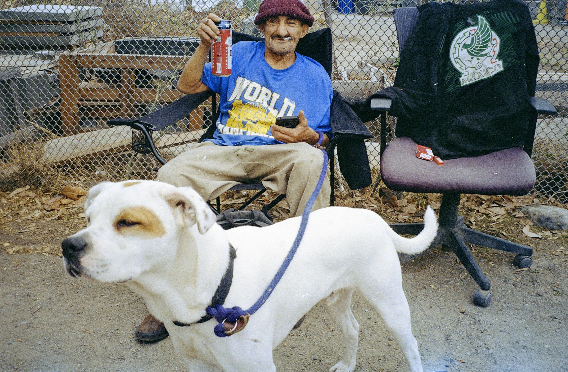 A man sitting on a folding chair outdoors, holding a can of beer, with a fiberglass cigarette in his mouth. He is wearing a maroon beanie, a blue Florida T-shirt, and beige pants. In front of him are two white dogs, one close to the camera, with the 