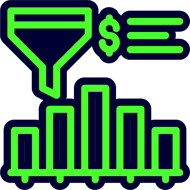 Neon icon of a funnel pouring into a bar graph, with a dollar sign and lines of text indicating money and data flow.