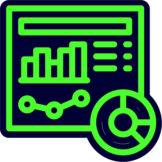 Icon of a computer screen displaying bar and line graphs and data charts, with a magnifying glass symbol in front, representing data analysis or statistics.