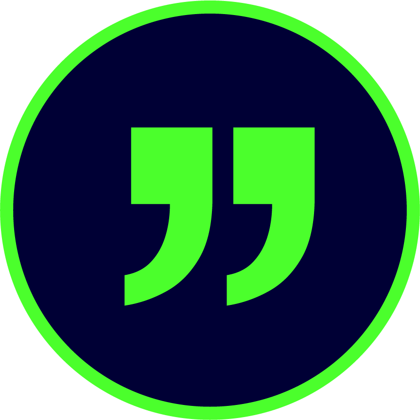 Green quotation marks inside a green circle on a dark background.
