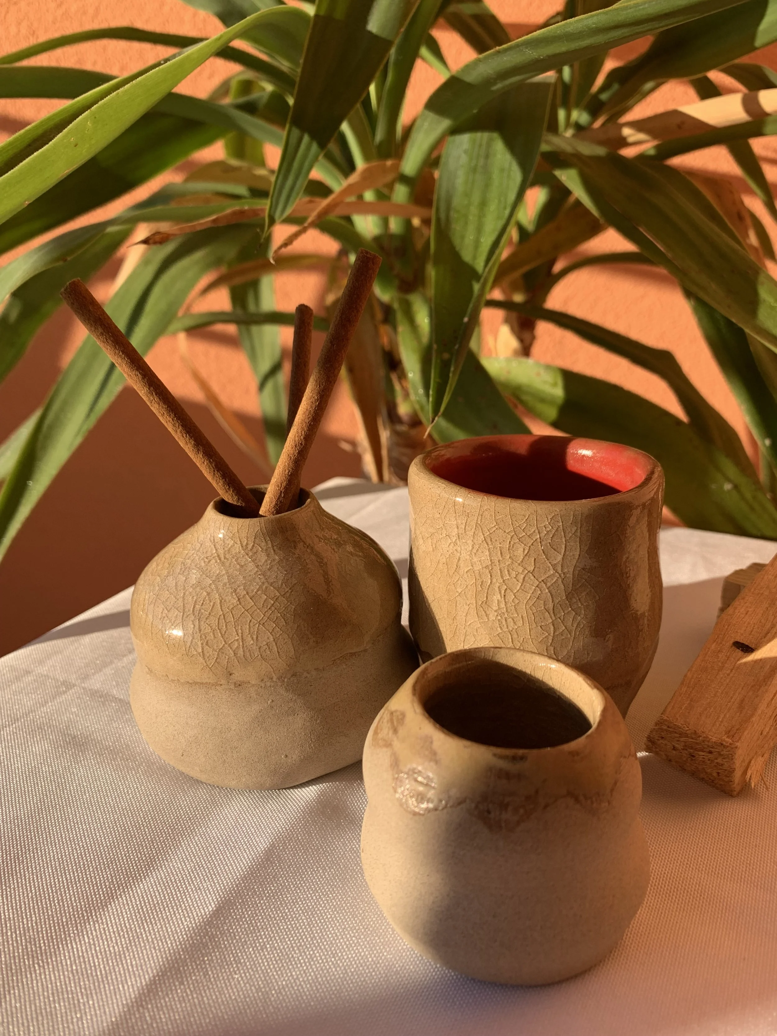 Tre vasi di ceramica beige con superficie crackle e tre bastoncini, uno con una tazza di caffè, e un grande fogliame verde sullo sfondo.